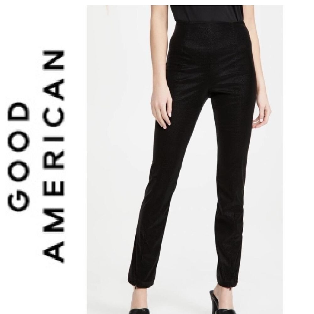 Good American High Waist Vegan Leather Black Croc Exec Pants Size Small 1 NWT